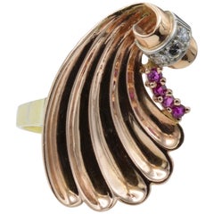 Rose Yellow Gold Shell Ring Rubies Diamonds Baroque Revival Venus