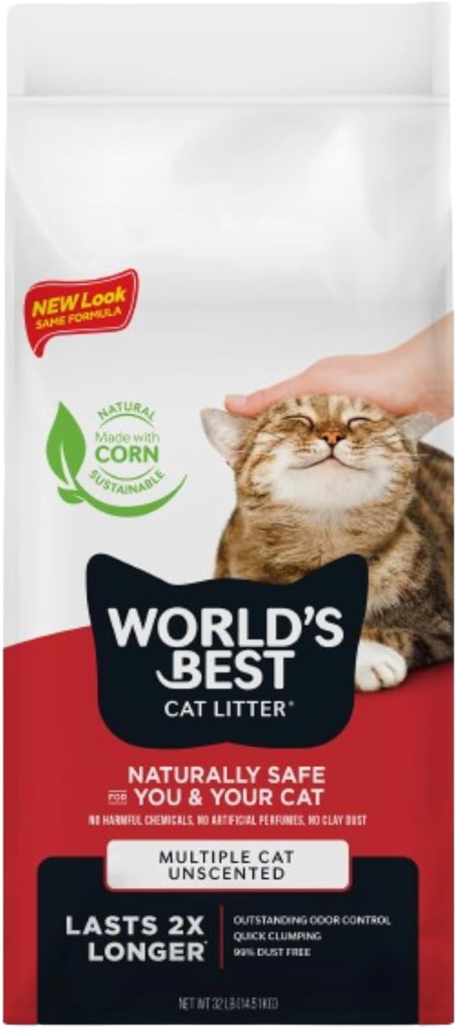 World's Best Cat Litter Multiple Cat Unscented, 32-Pounds - Natural Ingredients, Quick Clumping, Flushable, 99% Dust Free & Made in USA Litter