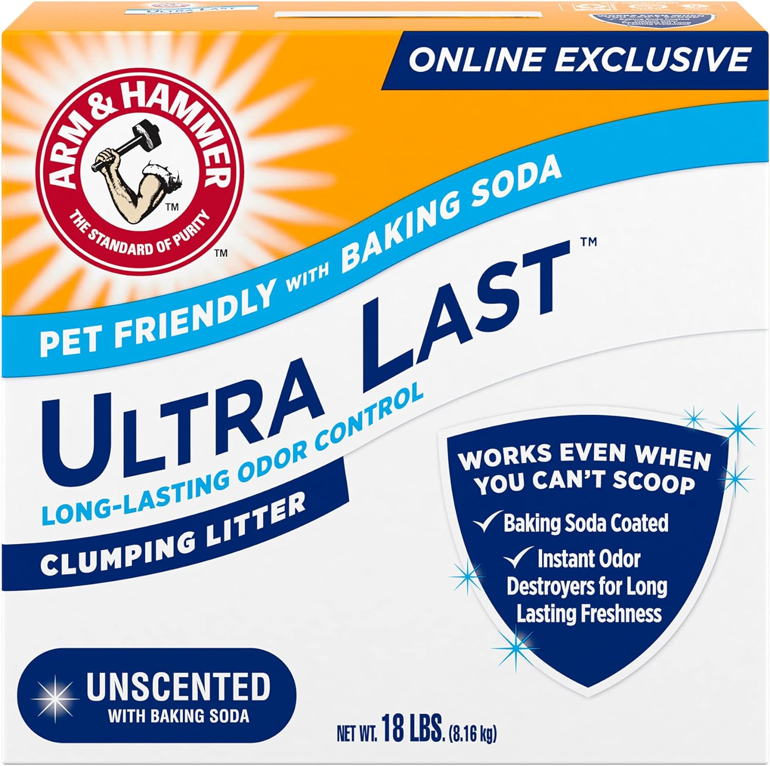 Arm & Hammer Arm Hammer Ultra Last Unscented Clumping Cat Litter, MultiCat 18lb, Pet Friendly with Baking Soda 