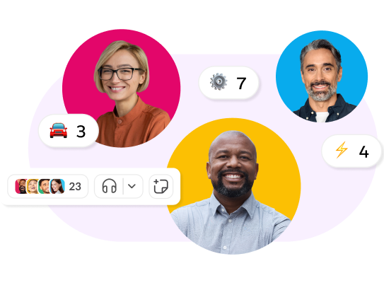 Decorative image with three headshots of and a Slack huddle icon