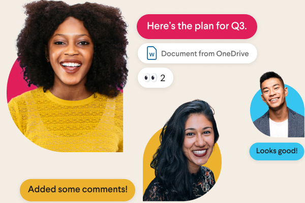 Two teammates talking while surrounded by stylized Slack messages and a hand mimicking the thumbs-up emoji