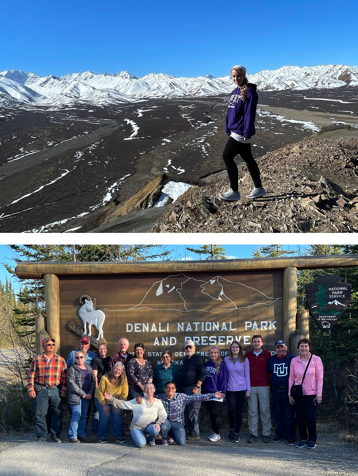 a collage of a women posing at a viewpoint in front of snow-covered mountains and a group of travelers in front of the Denali National Park and Reservation sign