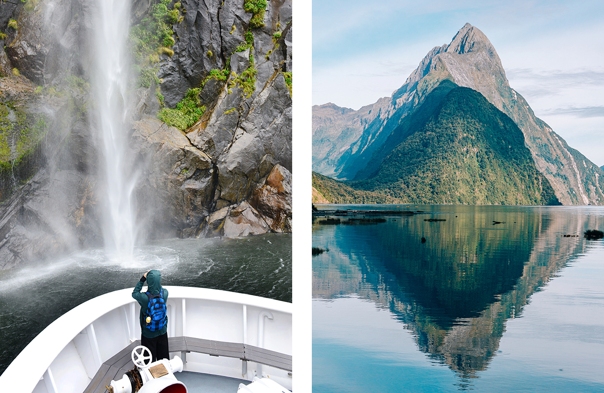 a collage of a traveler taking a picture of a waterfall from a boat and an image of a mountain and its reflection in the adjacent body of water