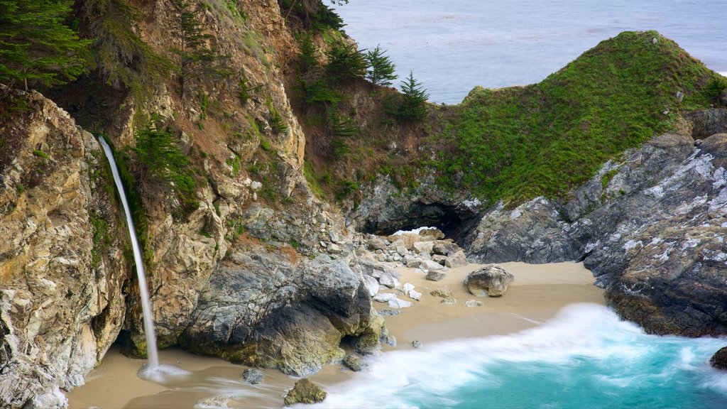 Big Sur showing a sandy beach, general coastal views and rocky coastline