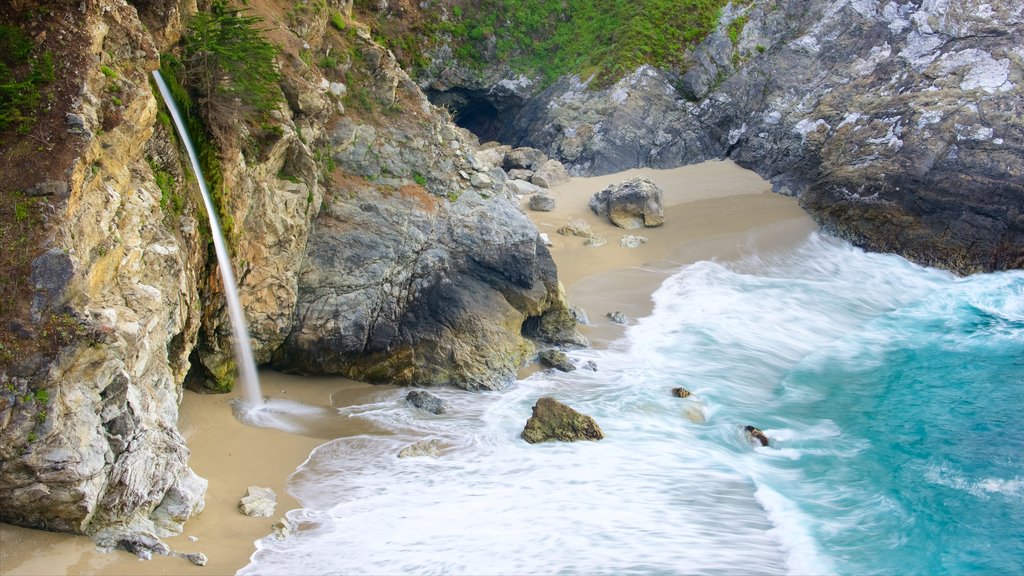 McWay Falls showing rocky coastline and a beach