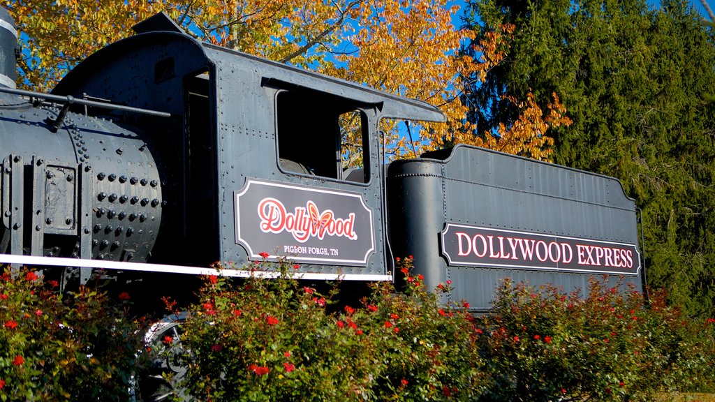 Dollywood showing signage, railway items and rides