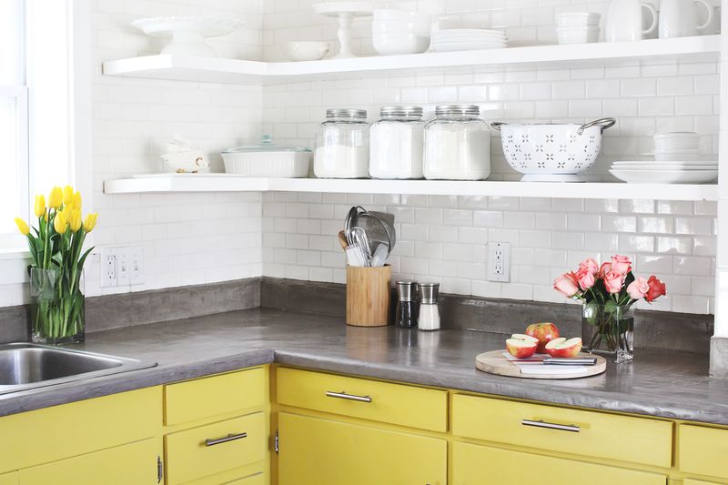 finished concrete countertop with flowers and sliced apple on top