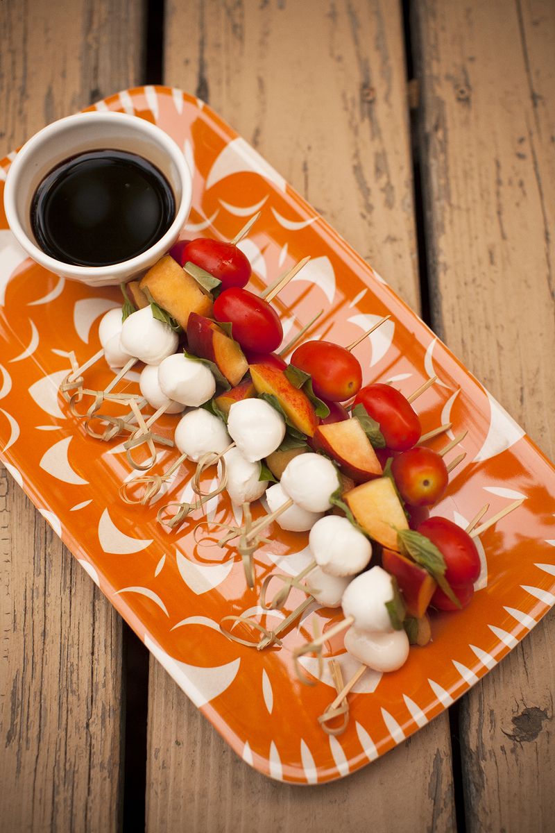 Peach caprese skewers with balsamic vinegar