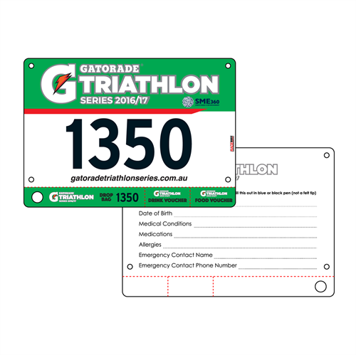 Show details for Full Colour Front, Black and White Reverse Race Bibs with Tear off Tags