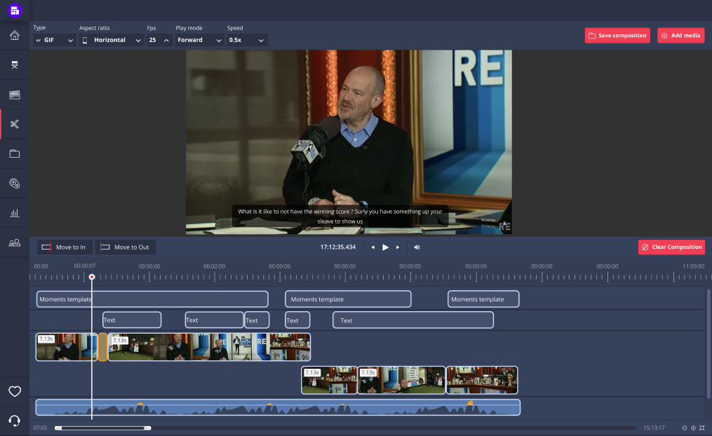 an image of Grabyo's Editor platform that has multiple live clipping videos to create a compilation