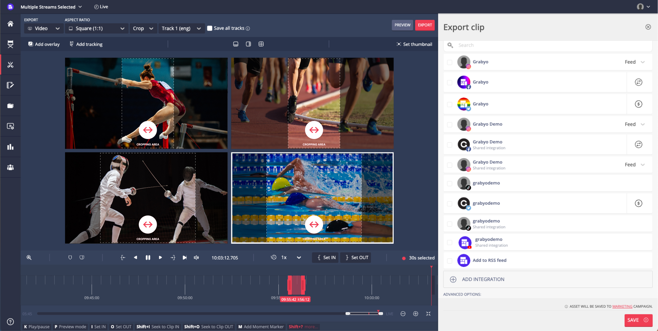 an image of Grabyo's live clipping platform showing multiple live vided feeds being produced into vertical clips, square clips and horizontal clips