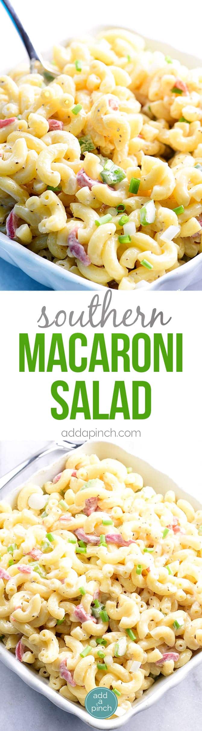 Southern Macaroni Salad Recipe - Southern Macaroni Salad makes a delicious addition for picnics, potlucks, and any get together! An easy make-ahead staple, this macaroni salad is a definite go-to recipe for your summer parties! // addapinch.com