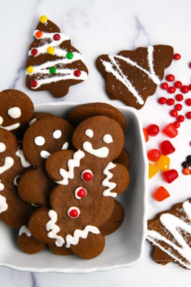 Image of decorated gingerbread cookies with assorted decorations.