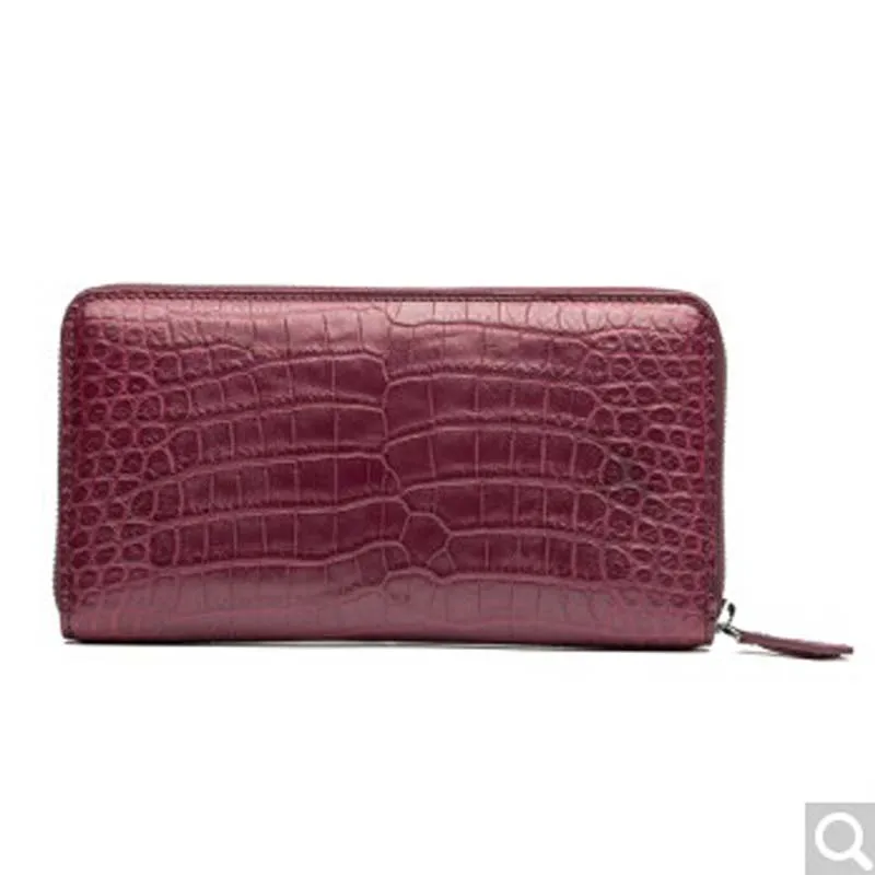 BEV men long crocodile leather men clutch bag of alligator skin purse zipper fashion multi-card hand grab bag belly wine red