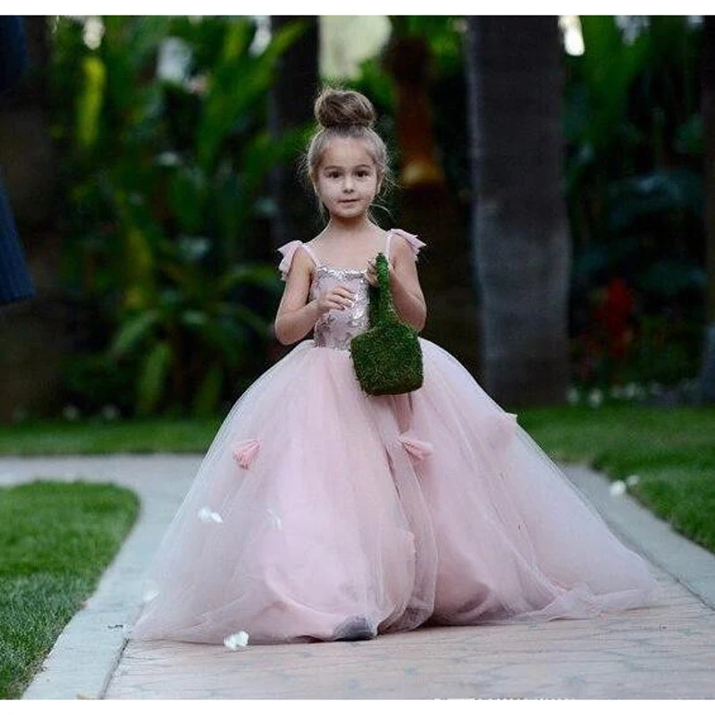 2017 Cute Blush Pink Long Flower Girls Dresses For Wedding Party Gowns