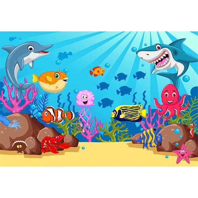 Under The Sea Backdrop Photography Sunshine Through Deep Ocean Sharks  Fishes Baby Kids Mermaid Birthday Party Cartoon Background - Backgrounds -  AliExpress