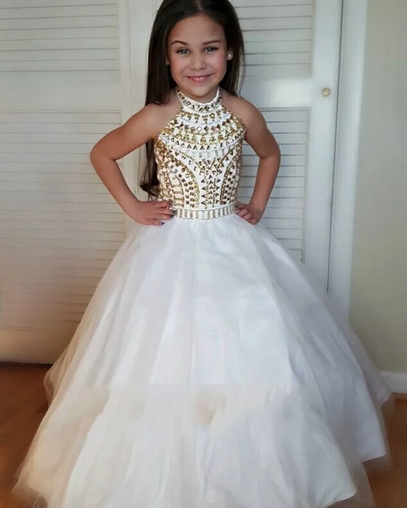 White Halter Flower Girl Dresses 2016 Beautiful Gold Beaded Kids