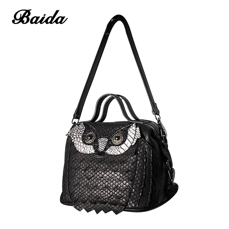 Women  Cool Black Genuine Leather Owl bag Female Hot Sale Women single-shoulder bag Fashion bag Crossbody Bags