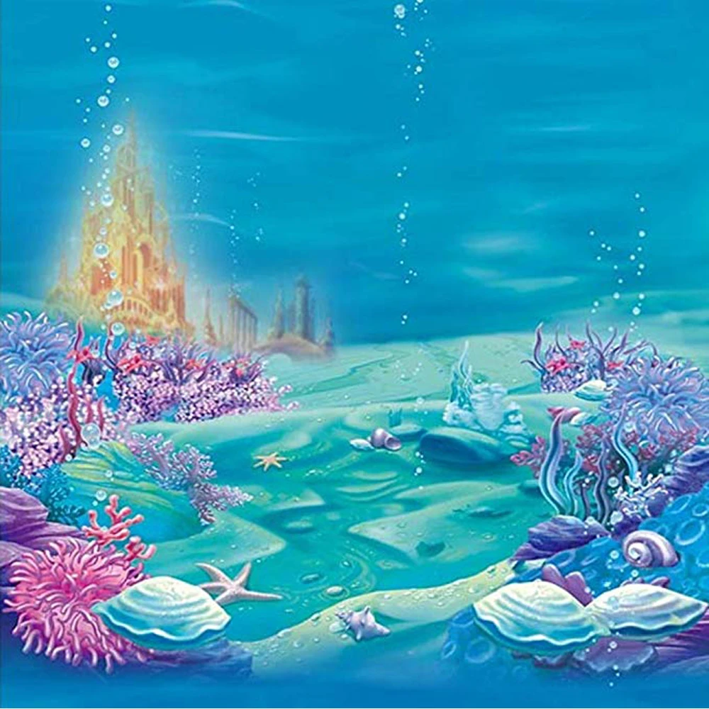 Under The Sea World Background Blue Printed Seaweed Starfish Bubbles Gold  Castle Little Mermaid Birthday Party Photo Backdrop - Backgrounds -  AliExpress