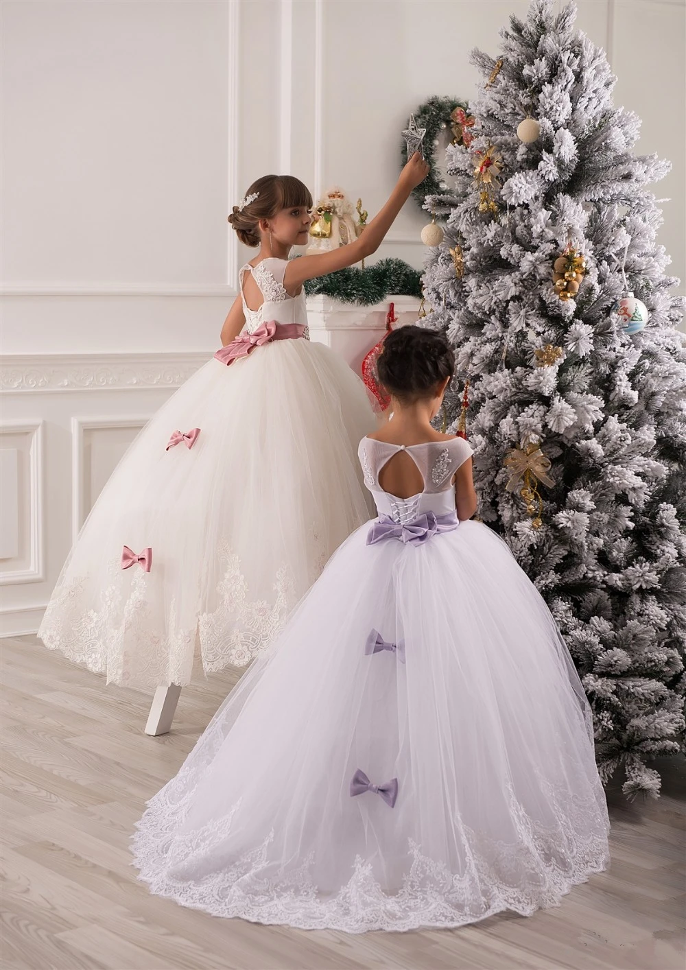 Long Princess Ivory White Lace Flower girl Dresses Junior Flower Girls