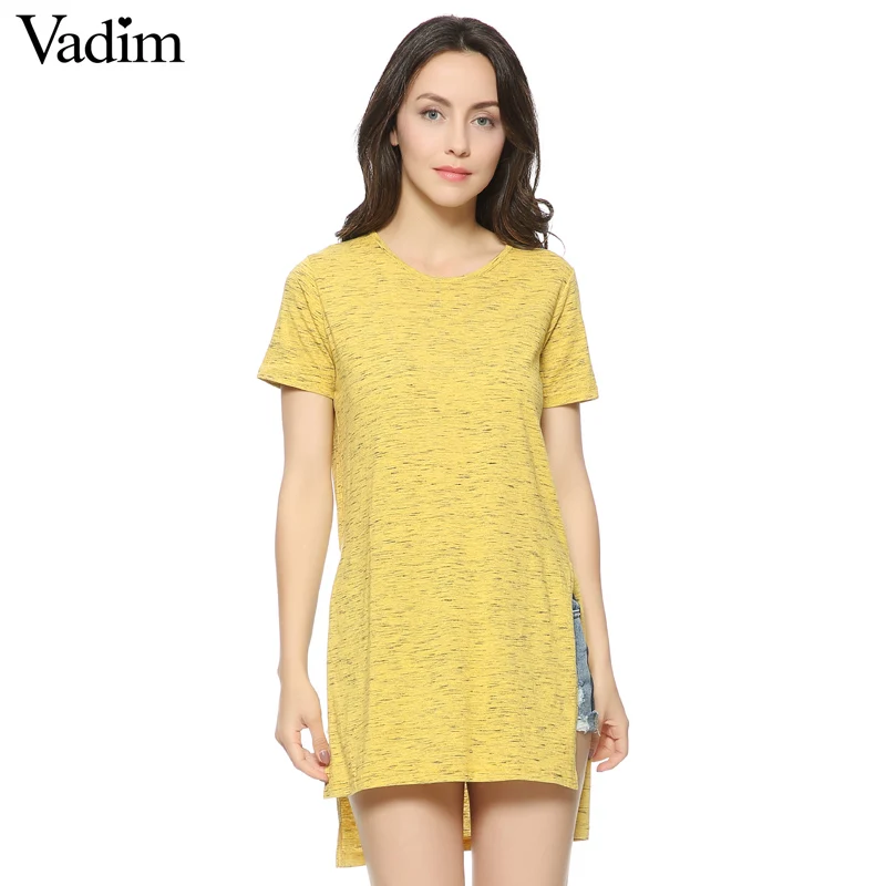 Download Women yellow short sleeve T shirt side split O neck long ...