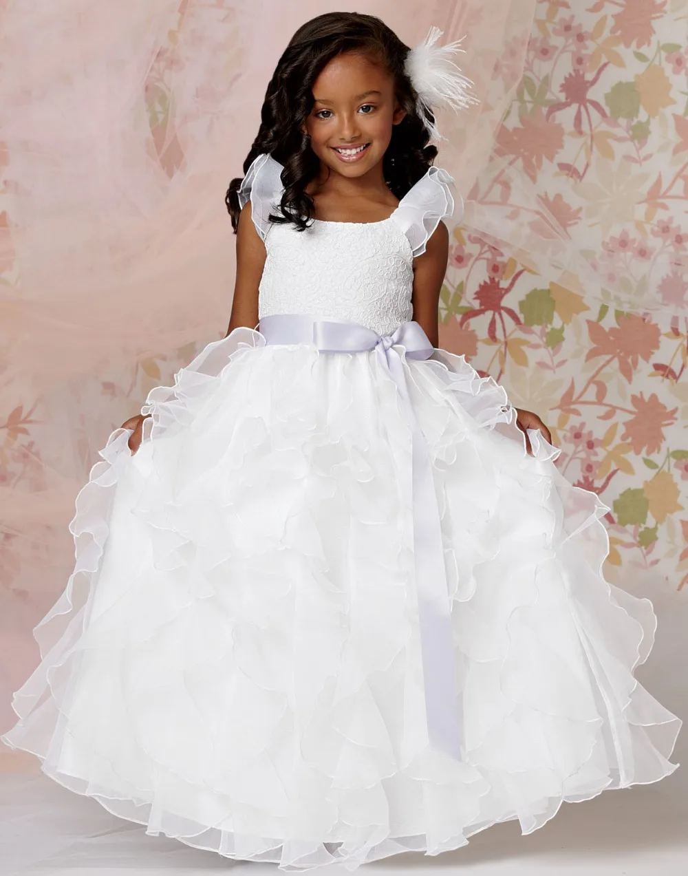 Little Flower Girl Organza Belted White Ball Gown Prom Dress