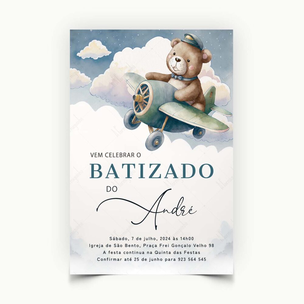 Convite de Batizado Personalizado Ursinho Piloto Personalizado - A Formiguinha - Viana do Castelo