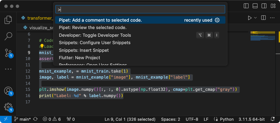 Extension Development Host ウィンドウで実行されている Pipet Code エージェント