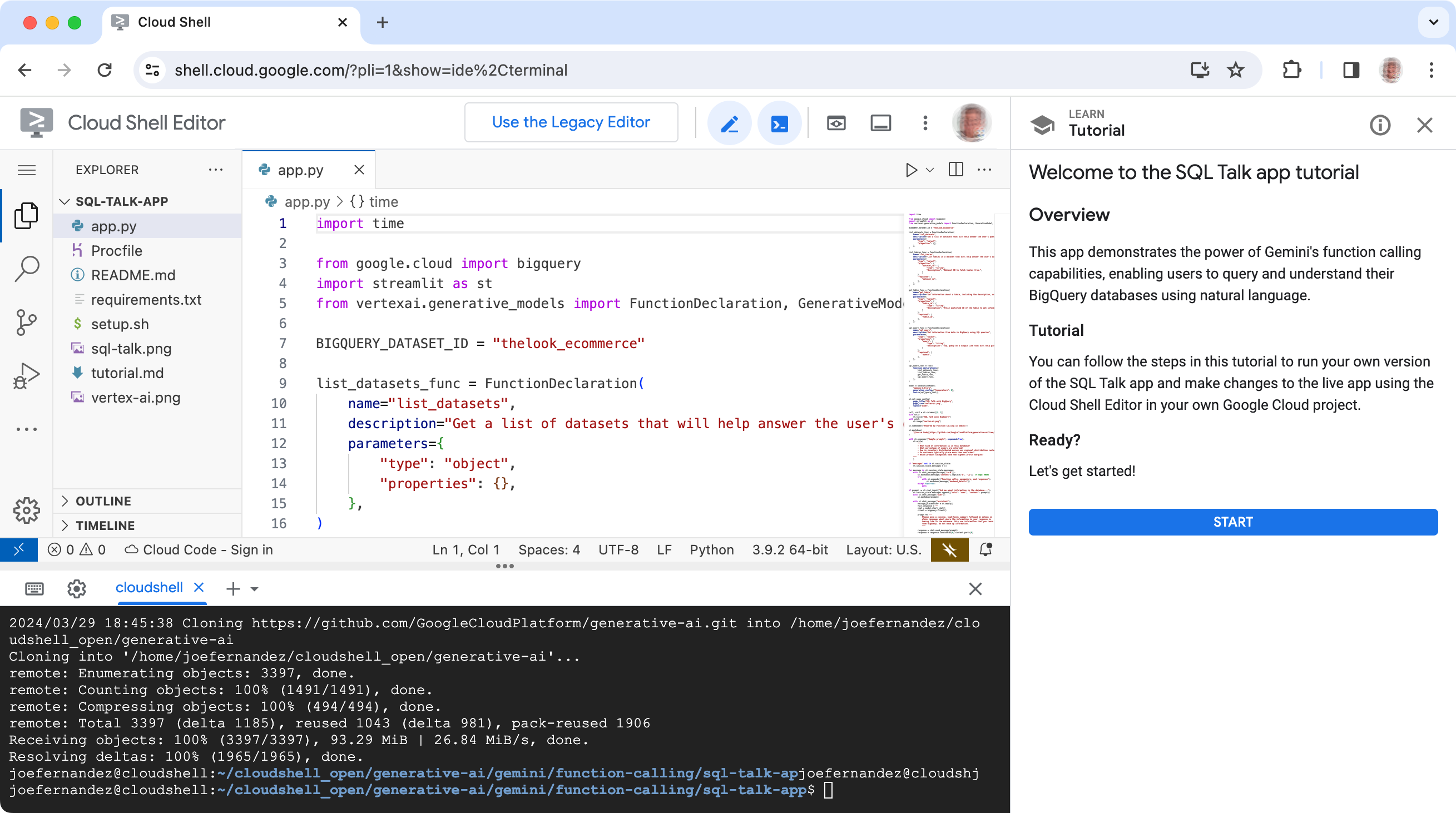 Editor de Google Cloud Shell con el código del proyecto de SQL Talk