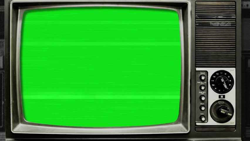 Old TV Green screen. Old television with green background isolated on white background . Zoom in. tv screen mockup, old tv screen green screen, use key light effect, Vintage Television Set. 4k