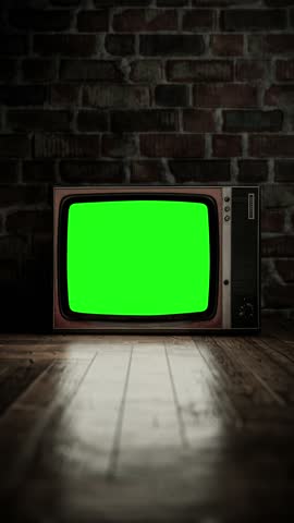 Turn on the retro TV with noise at the beginning, and switch to a green screen. Night horror climate. luma matte and chroma key included. Vertical video for social media.