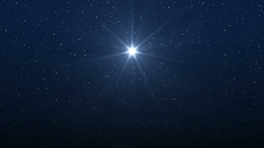 Bright Star on sky. Christmas star of the Nativity of Bethlehem, Nativity of Jesus Christ. Background of the beautiful dark blue starry sky.