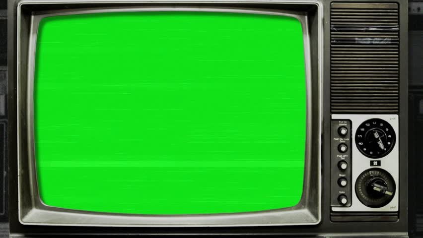 Old TV Green screen. Old television with green background isolated on white background . Zoom in. tv screen mockup, old tv screen green screen, use key light effect, Vintage Television Set. 4k