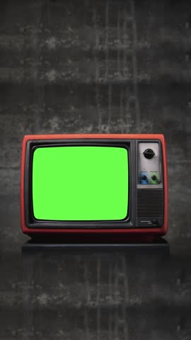 Vertical green screen (chroma key) old retro CRT TV monitor with RGB glitch animation, abstract zoom-out motion overlay	