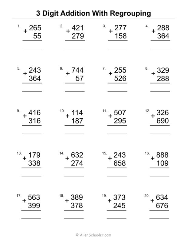 3 Digit Addition With Regrouping - Worksheet 3 - Alien Schooler