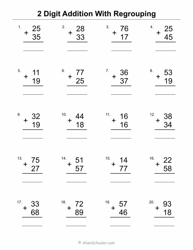 Two Digit Addition With Regrouping - Worksheet Printable PDF