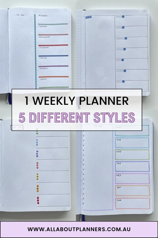 one weekly planner in 5 different styles weekly spread bullet journaling layout ideas inspiration tips minimalist simple fast easy