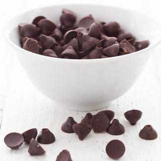 Homemade sugar-free chocolate chips in a small white bowl