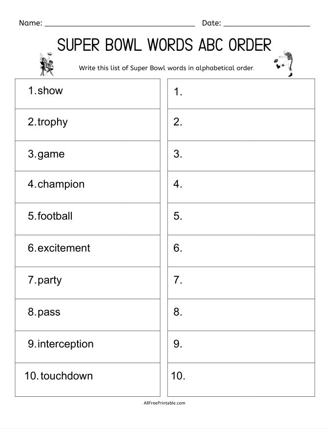 Free Printable Super Bowl Words in ABC Order