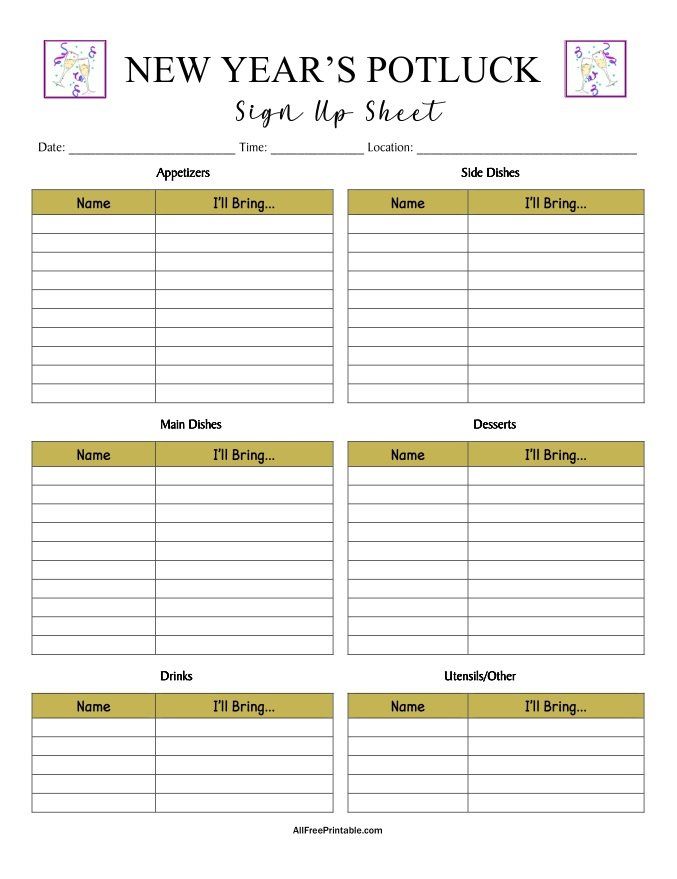 Free Printable New Year's Potluck Sign Up Sheet