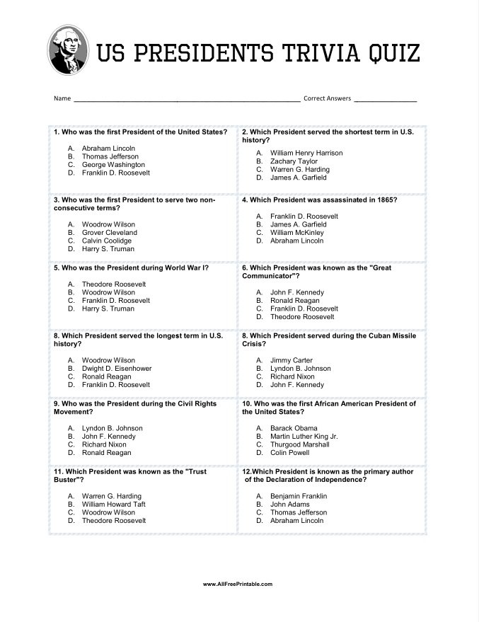 Free Printable US Presidents Trivia Quiz