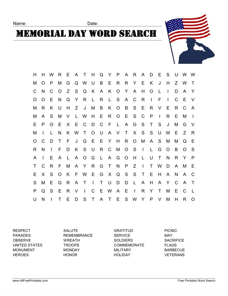 Memorial Day Word Search Puzzle – Free Printable