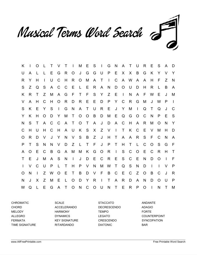 Free Printable Musical Terms Word Search