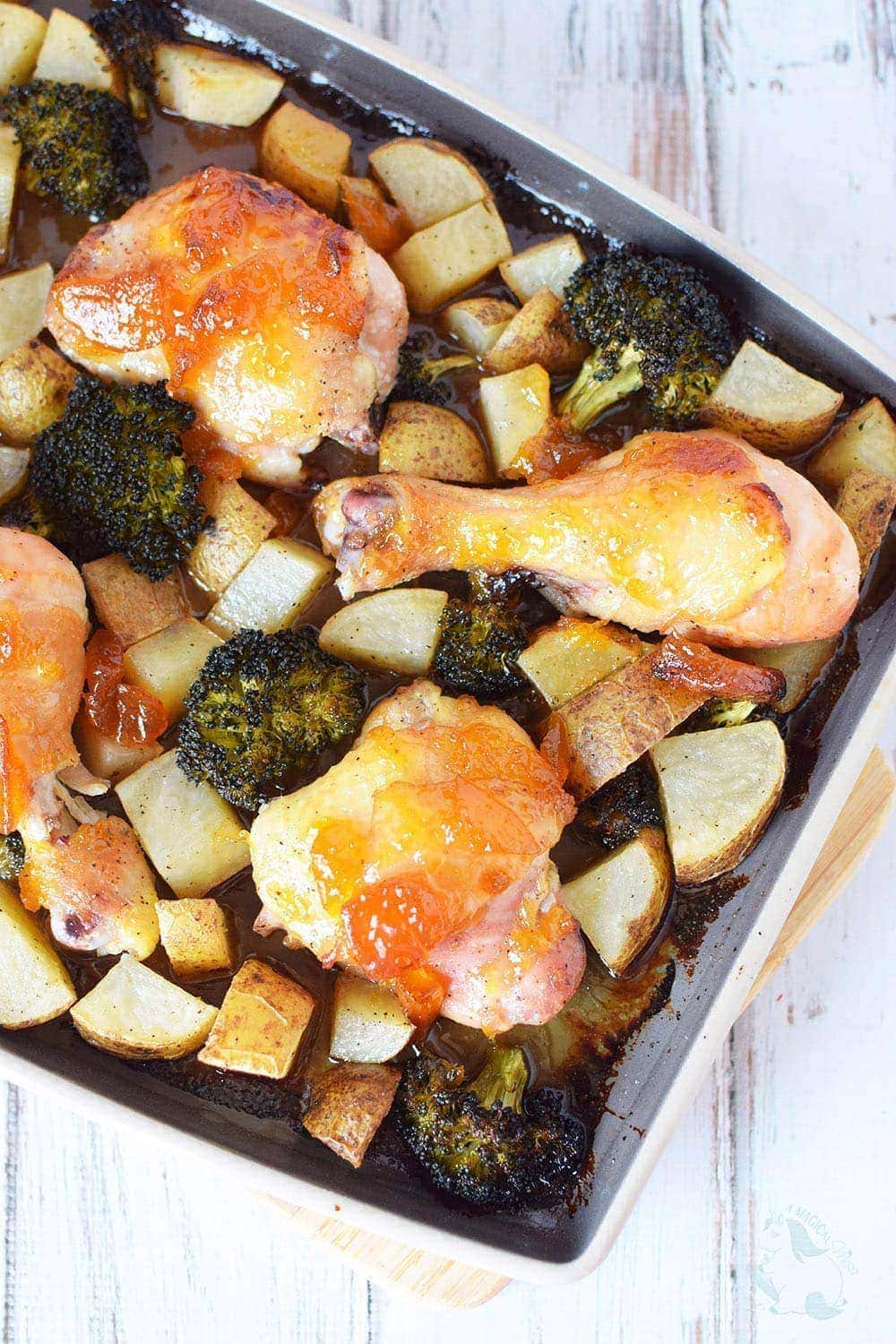 Peach chicken sheet pan dinner recipe