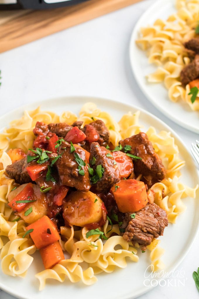 plate of Hungarian goulash over egg noodles