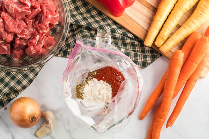 ingredients for hungarian goulash in a bag