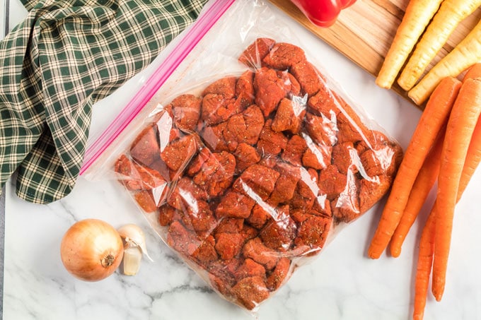 cubed beef in a bag with seasonings