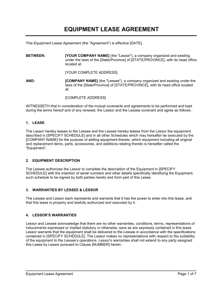 Equipment Lease Agreement Template & Sample Form | Biztree.com