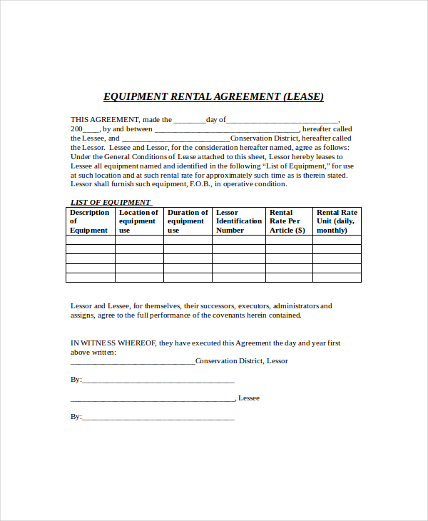 simple equipment rental agreement template free equipment lease 