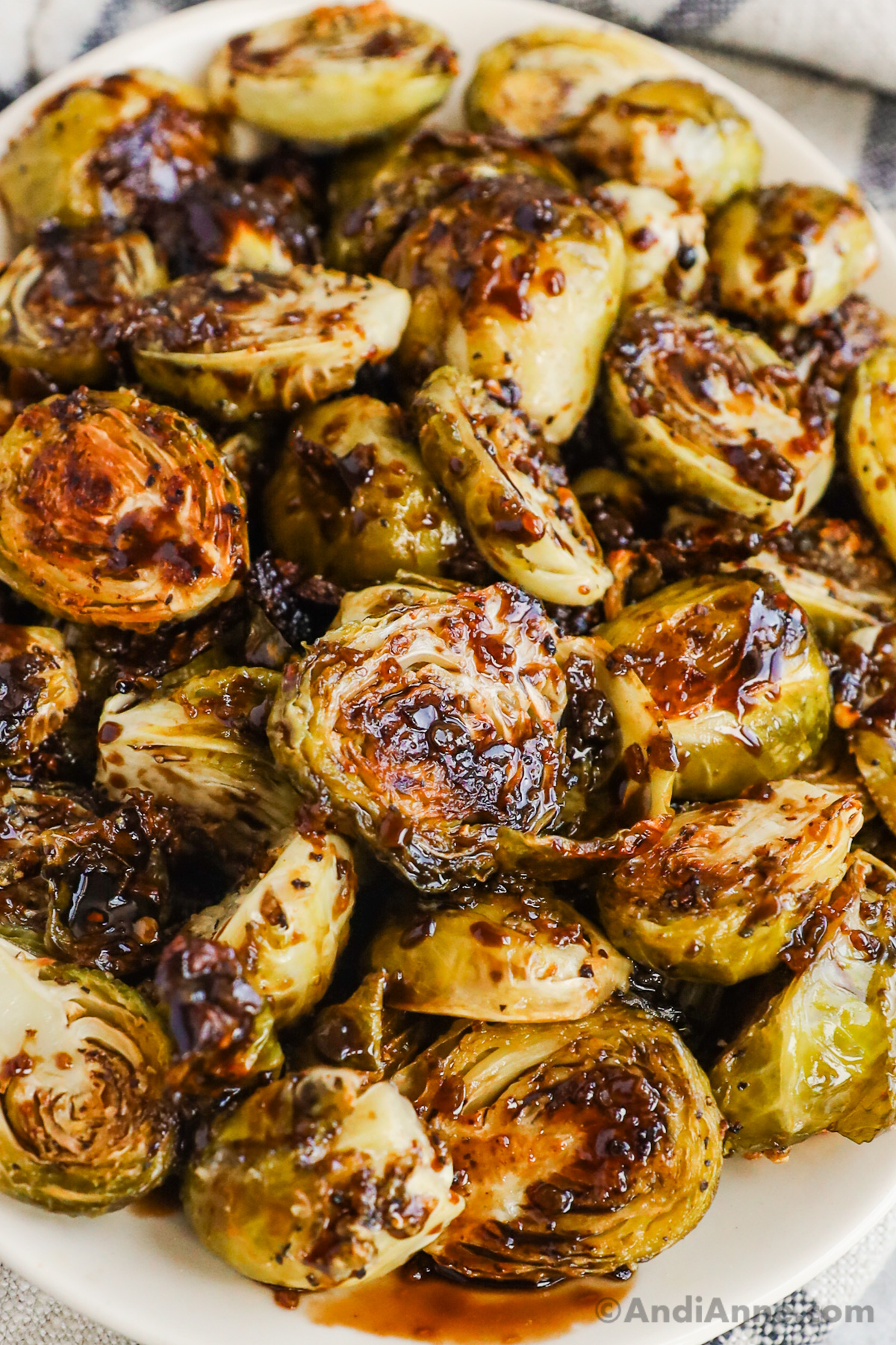 a plate of honey balsamic brussels sprouts